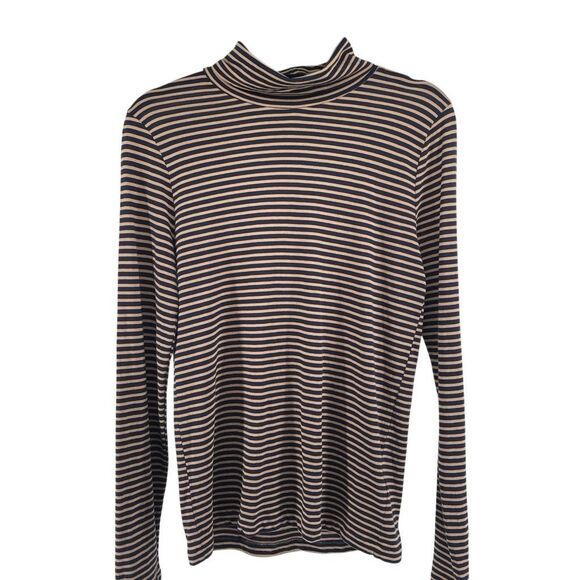 J.Crew Women’s Navy Camel Striped Cotton Tissue Long Sleeve Turtleneck Size M - Picture 2 of 13